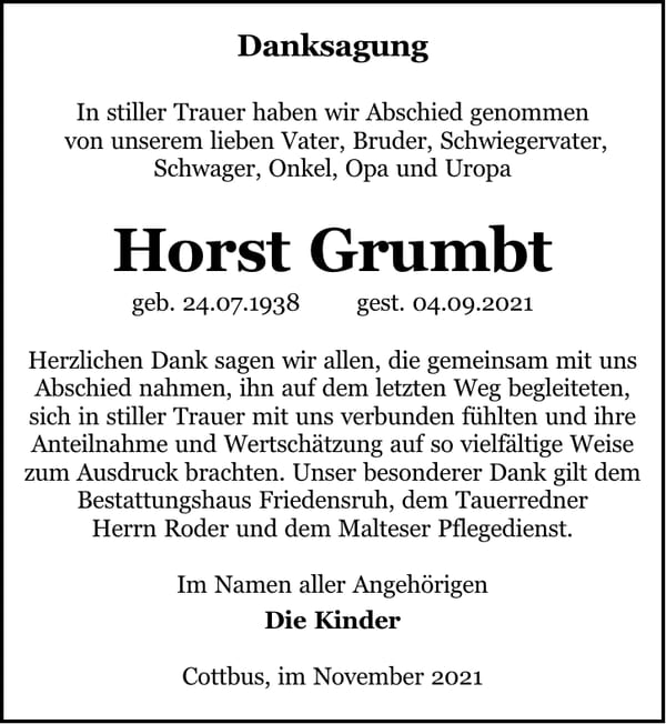 Danksagung Horst Grumbt