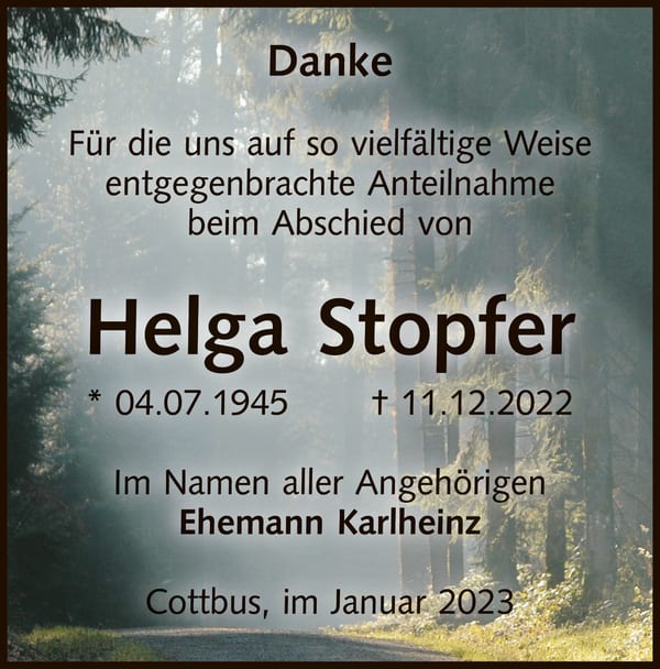 Danksagung Helga Stopfer
