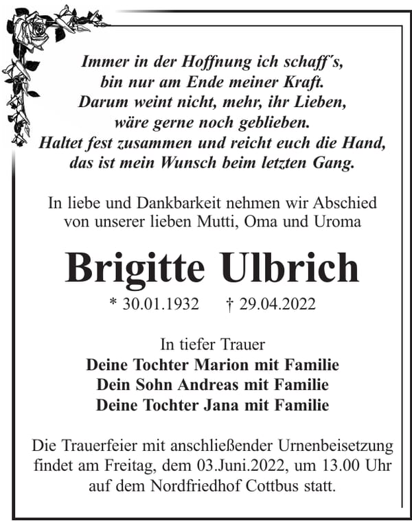 Traueranzeige Brigitte Ulbrich