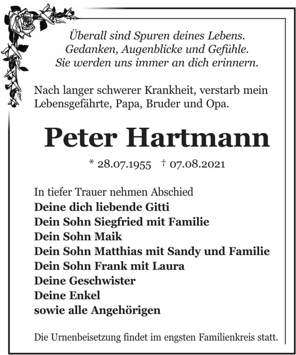 Traueranzeige Peter Hartmann