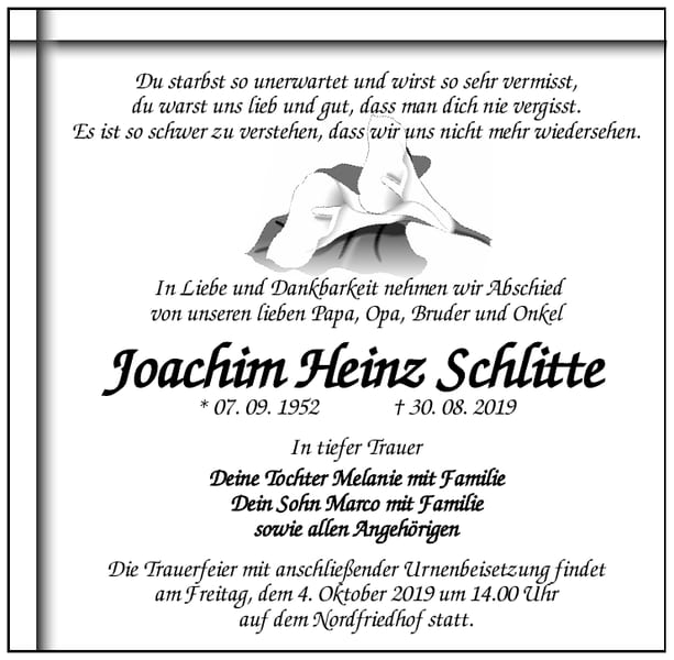 Traueranzeige Joachim Heinz Schlitte