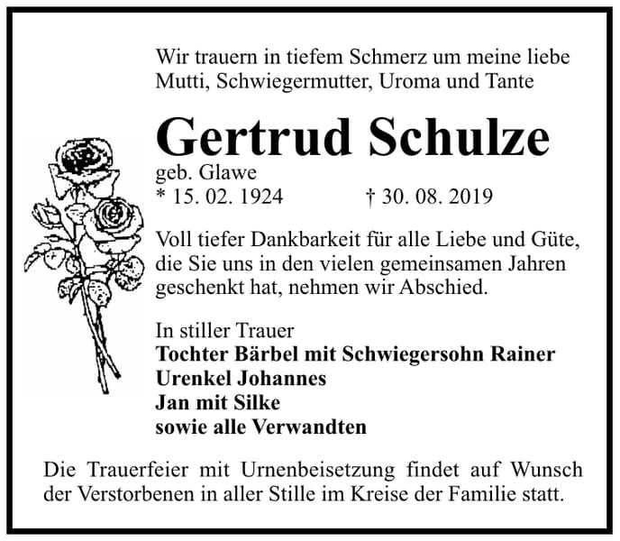 Traueranzeige Gertrud Schulze, geb. Glawe