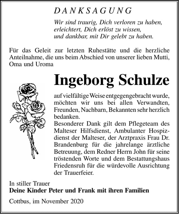 Danksagung Ingeborg Schulze