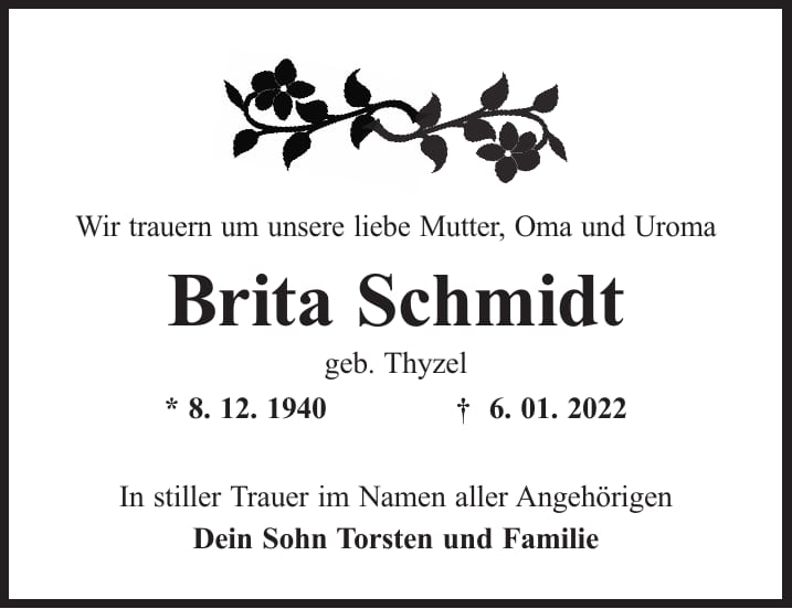 Traueranzeige Brita Schmidt, geb. Thyzel