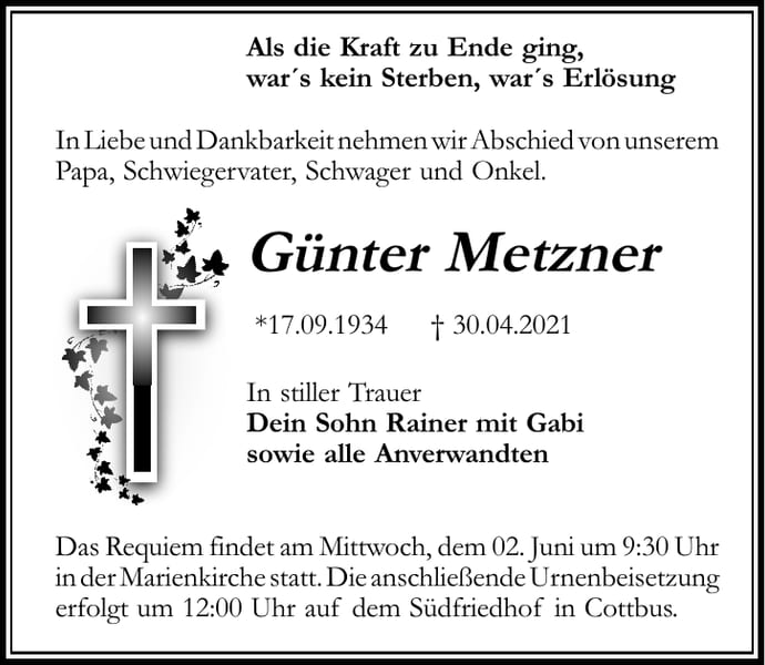 Traueranzeige Günter Metzner