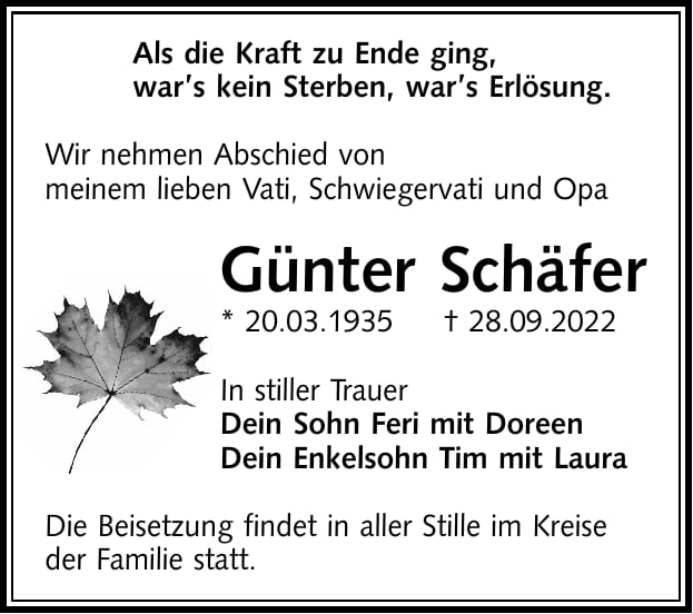 Traueranzeige Günter Schäfer
