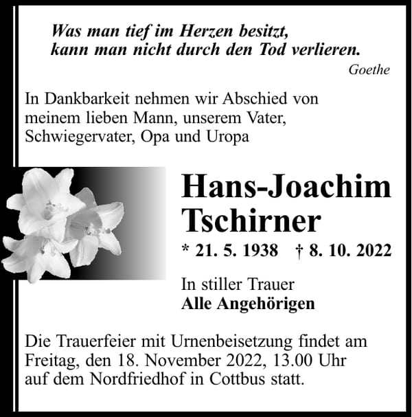Traueranzeige Hans-Joachim Tschirner