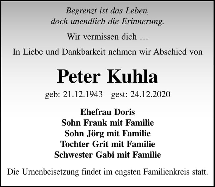 Traueranzeige Peter Kuhla
