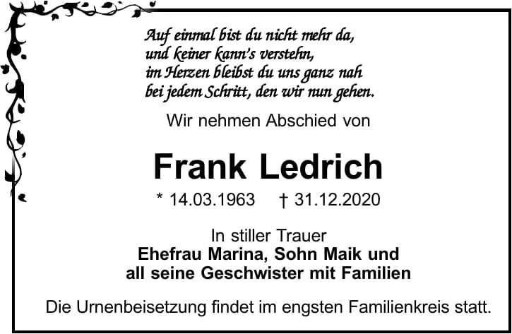 Traueranzeige Frank Ledrich