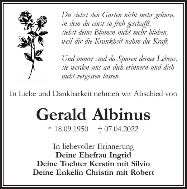 Traueranzeige Gerald Albinus