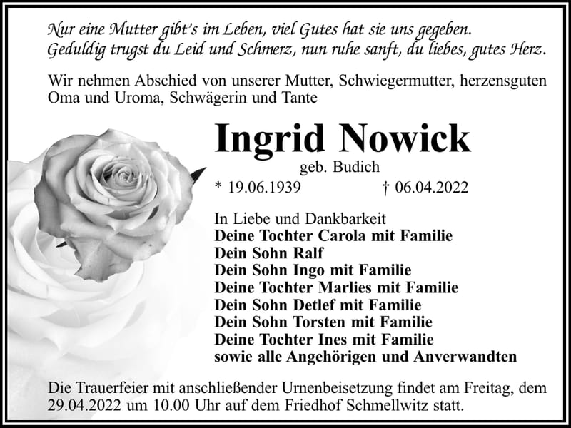 Traueranzeige Ingrid Nowick, geb. Budich