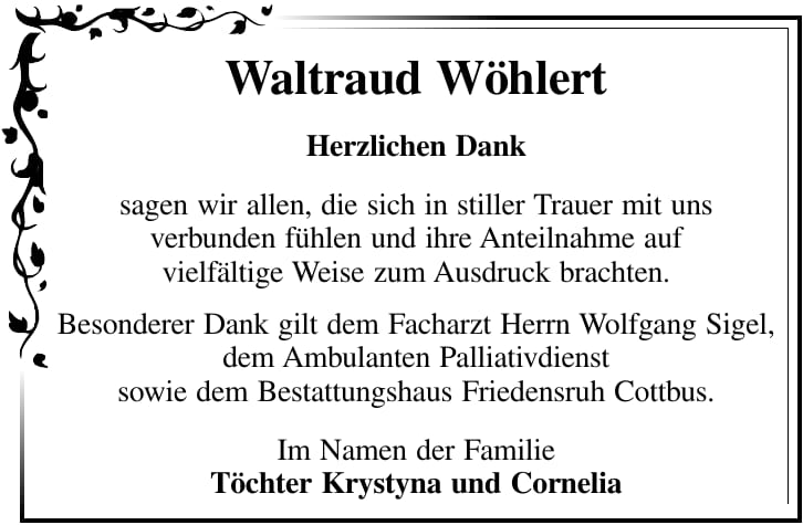 Danksagung Waltraud Wöhlert