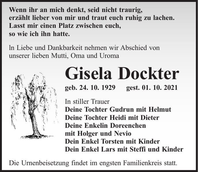 Traueranzeige Gisela Dockter