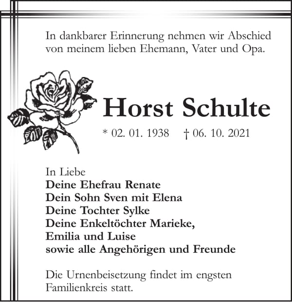 Traueranzeige Horst Schulte