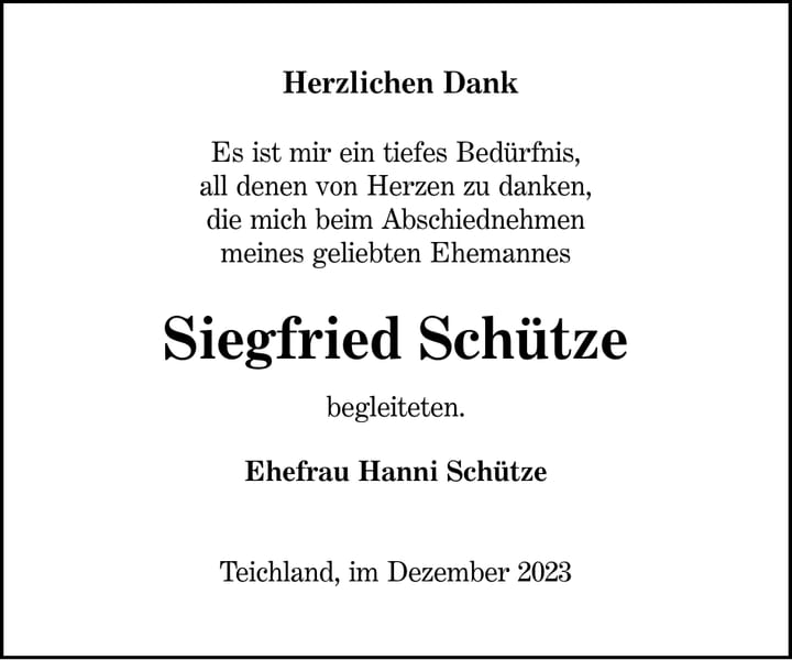 Danksagung Siegfried Schütze