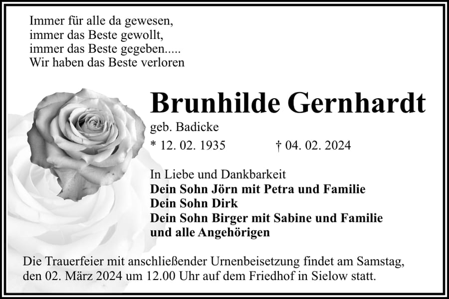 Traueranzeige Brunhilde Gernhardt, geb. Badicke
