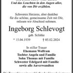 Traueranzeige Ingeborg Schlevogt, geb. Schitke