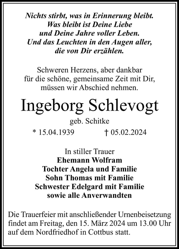 Traueranzeige Ingeborg Schlevogt, geb. Schitke
