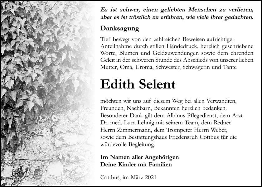 Danksagung Edith Selent