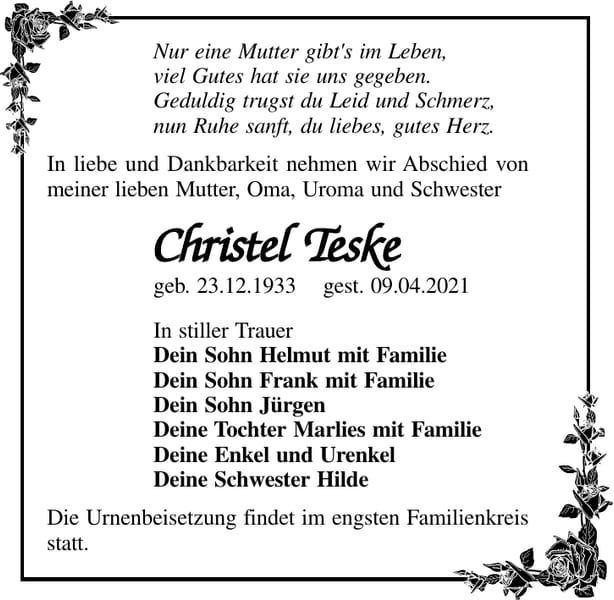 Traueranzeige Christel Teske