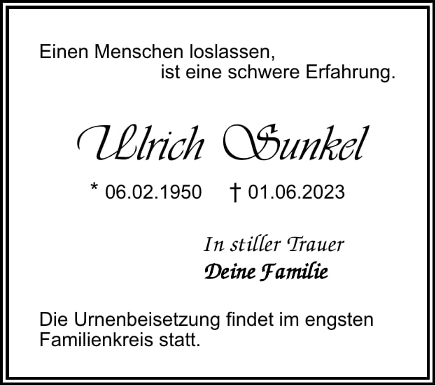 Traueranzeige Ulrich Sunkel