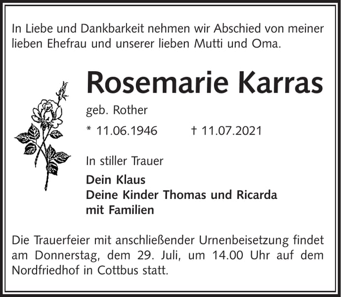 Traueranzeige Rosemarie Karras, geb. Rother