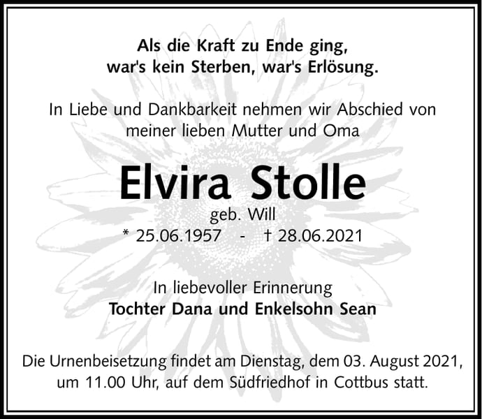 Traueranzeige Elvira Stolle, geb. Will