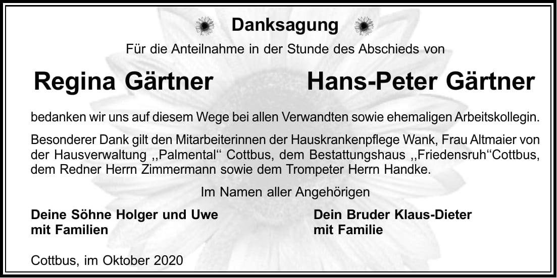Danksagung Regina Gärtner und Hans-Peter Gärtner