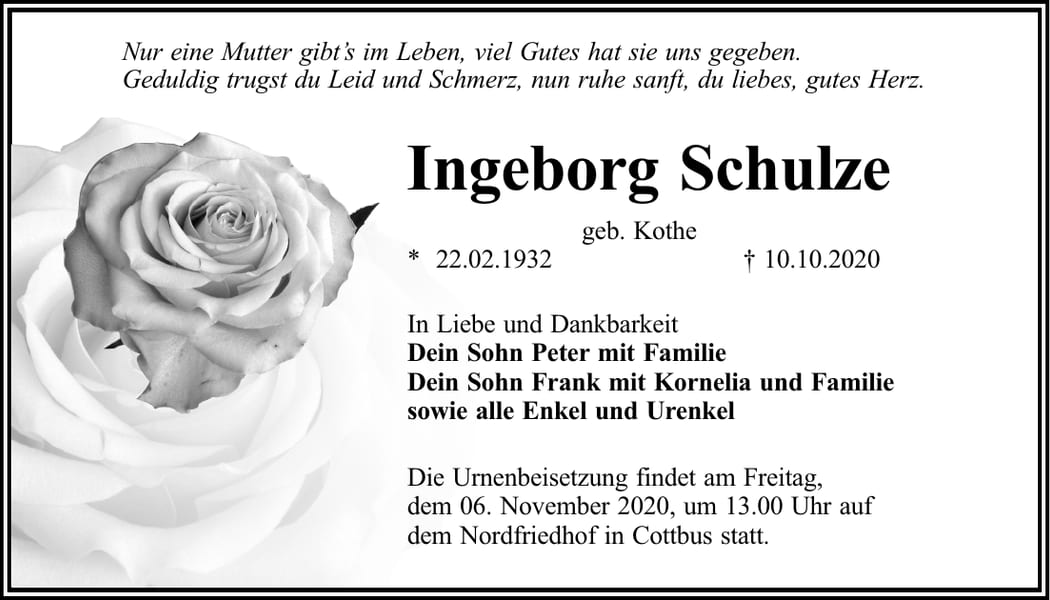Traueranzeige Ingeborg Schulze, geb. Kothe