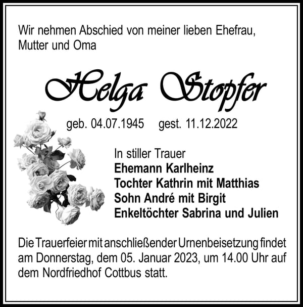 Traueranzeige Helga Stopfer