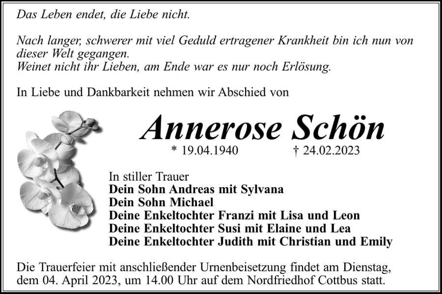 Traueranzeige Annerose Schön