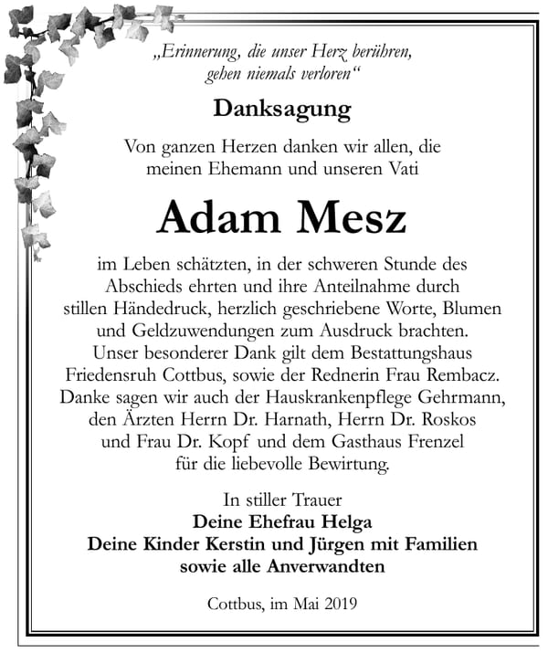 Danksagung Adam Mesz