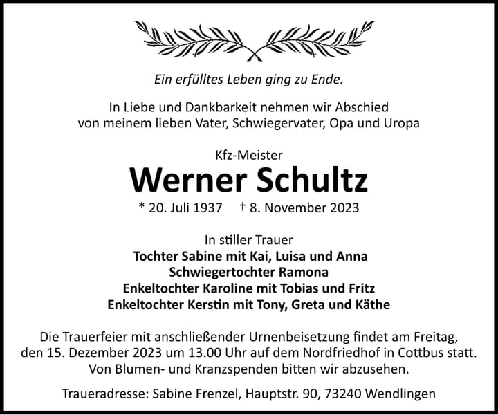 Traueranzeige Werner Schultz