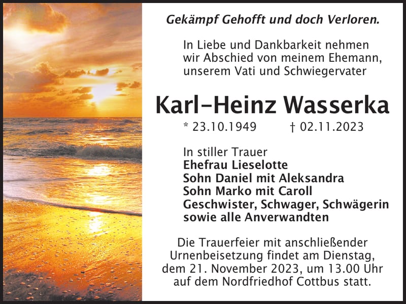 Traueranzeige Karl-Heinz Wasserka