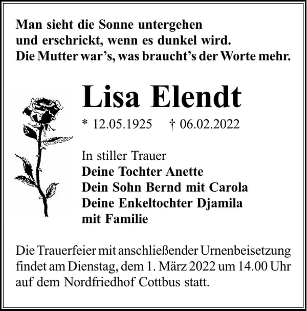 Traueranzeige Lisa Elendt