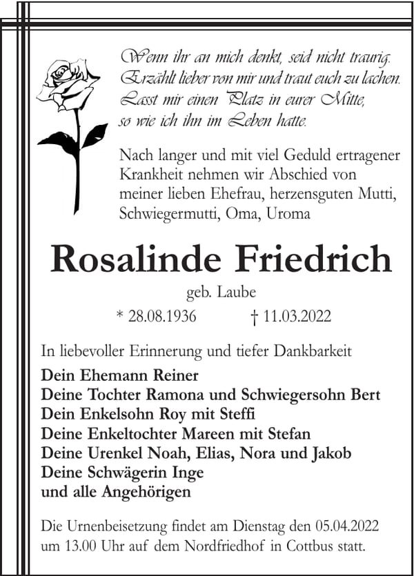 Traueranzeige Rosalinde Friedrich, geb. Laube