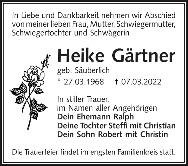 Traueranzeige Heike Gärtner, geb. Säuberlich