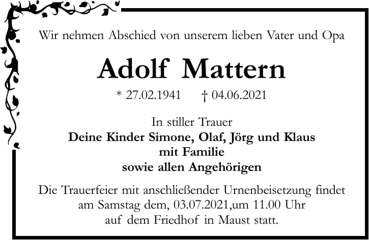 Traueranzeige Adolf Mattern