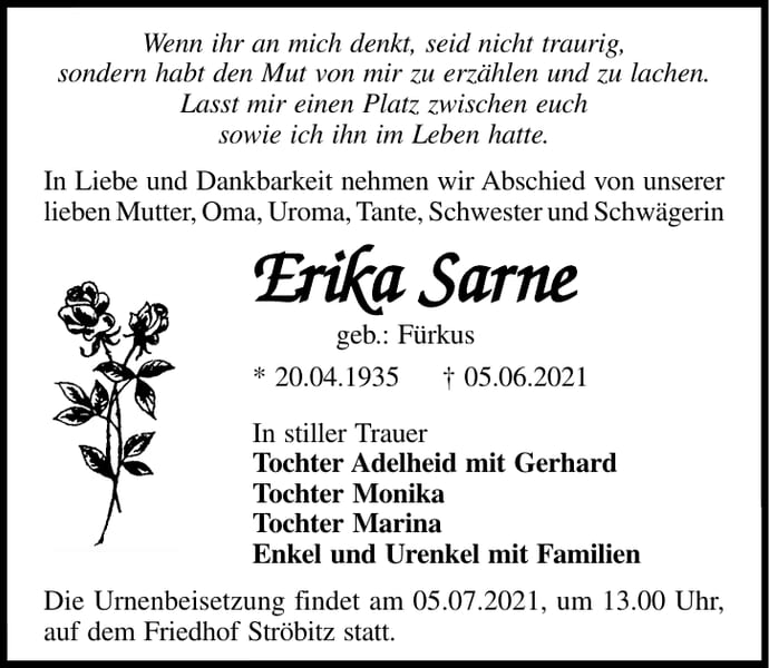 Traueranzeige Erika Sarne, geb. Fürkus