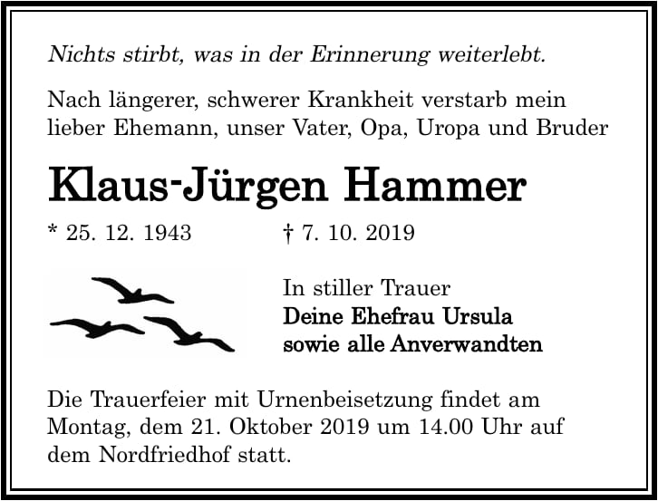 Traueranzeige Klaus-Jürgen Hammer