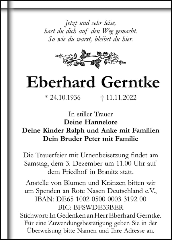 Traueranzeige Eberhard Gerntke
