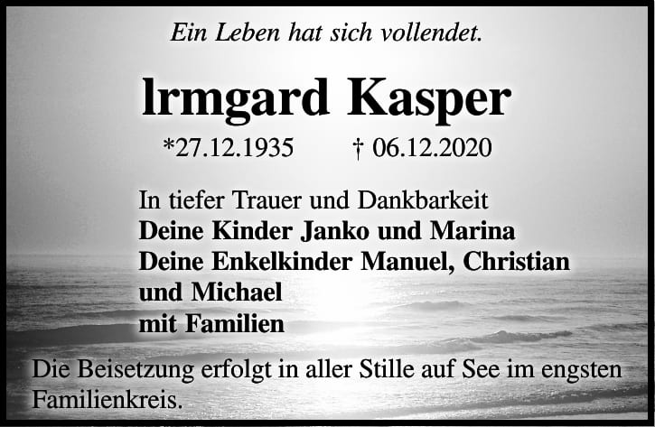Traueranzeige Irmgard Kasper