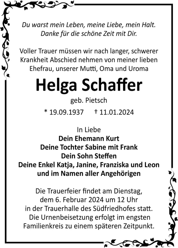 Traueranzeige Helga Schaffer, geb. Pietsch