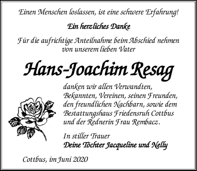 Danksagung Hans-Joachim Resag