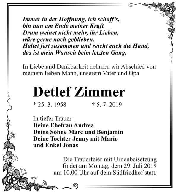 Traueranzeige Detlef Zimmer