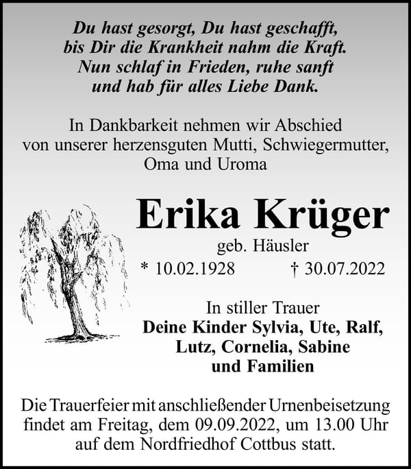 Traueranzeige Erika Krüger, geb. Häusler