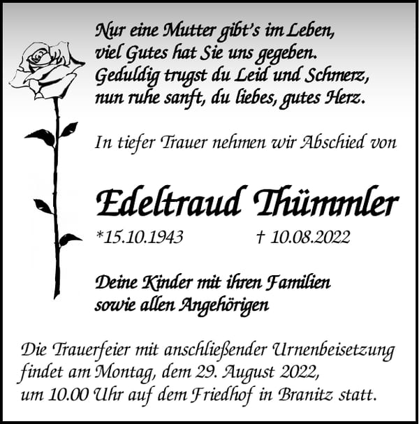 Traueranzeige Edeltraud Thümmler