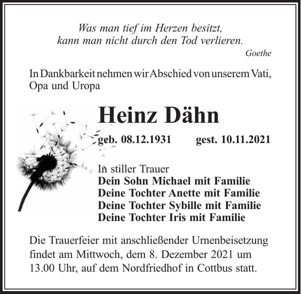 Traueranzeige Heinz Dähn