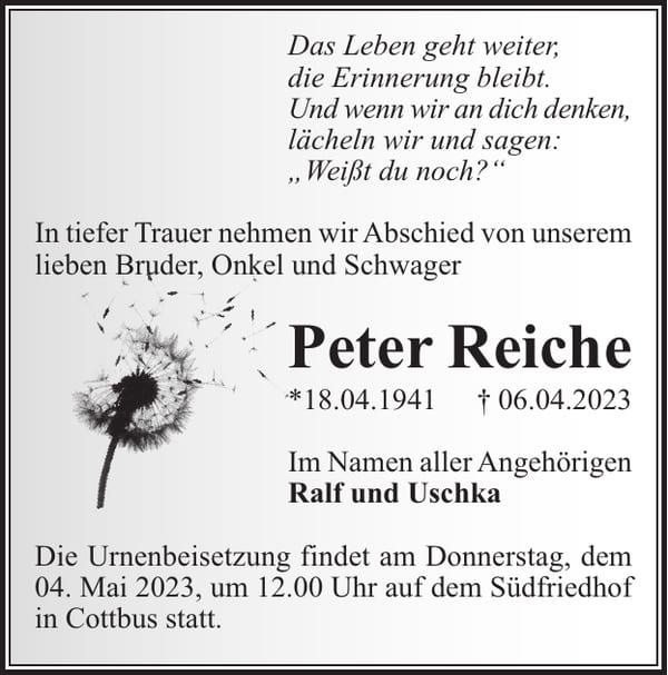 Traueranzeige Peter Reiche