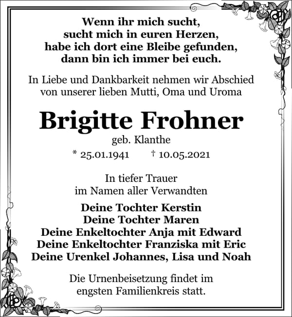 Traueranzeige Brigitte Frohner, geb. Klanthe
